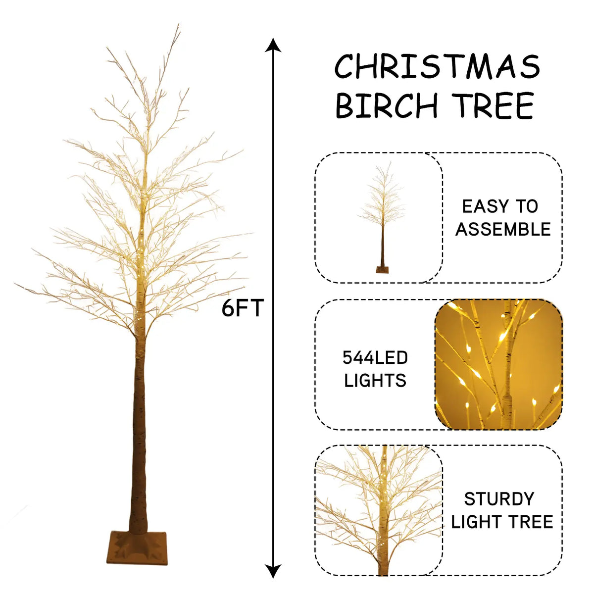 6ft Lighted Birch Tree with 544 Warm White LEDs | Auto Timer