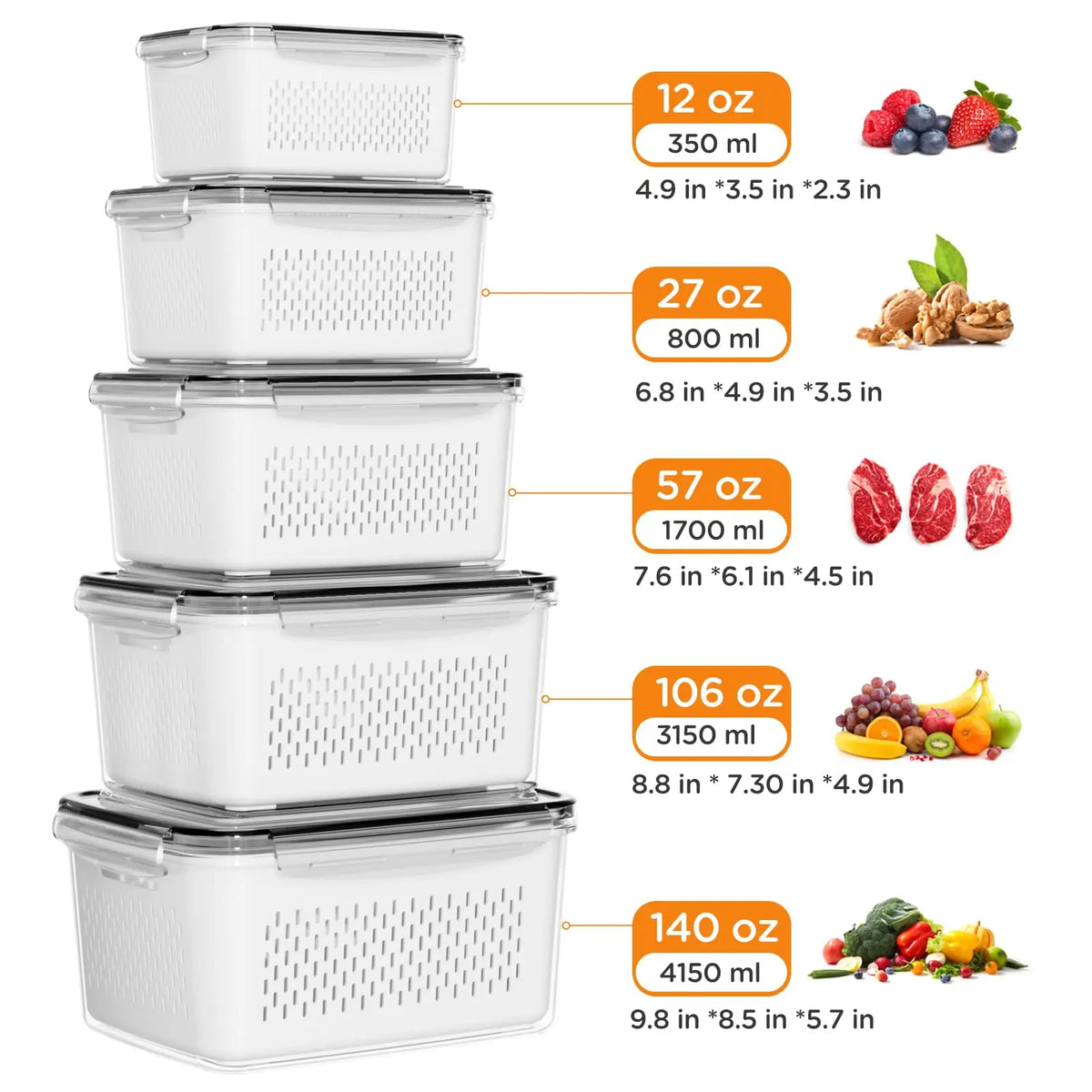 Keep Your Produce Fresh 3X Longer! | 5-Piece Drain Basket Fridge Containers - Perfect for Healthy Meal Prep
