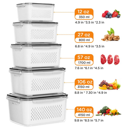 Keep Your Produce Fresh 3X Longer! | 5-Piece Drain Basket Fridge Containers - Perfect for Healthy Meal Prep