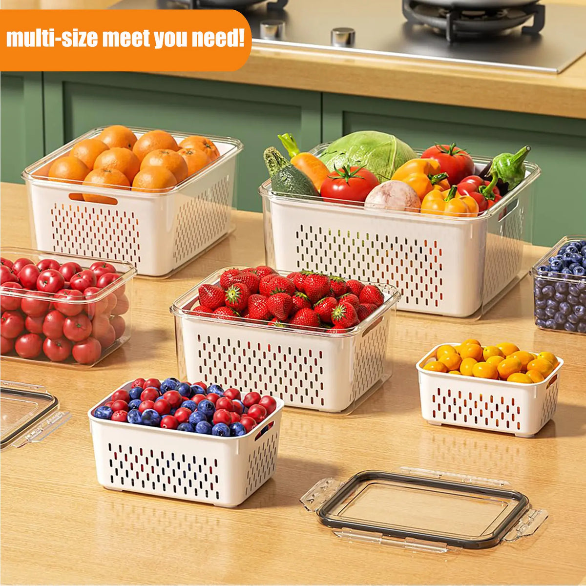 Keep Your Produce Fresh 3X Longer! | 5-Piece Drain Basket Fridge Containers - Perfect for Healthy Meal Prep
