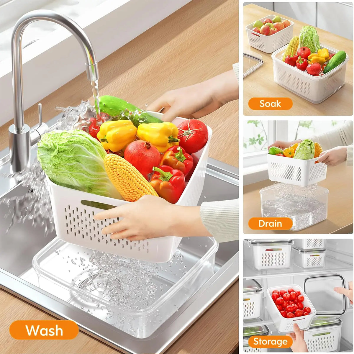 Keep Your Produce Fresh 3X Longer! | 5-Piece Drain Basket Fridge Containers - Perfect for Healthy Meal Prep