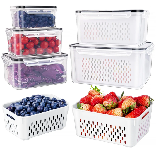 Keep Your Produce Fresh 3X Longer! | 5-Piece Drain Basket Fridge Containers - Perfect for Healthy Meal Prep