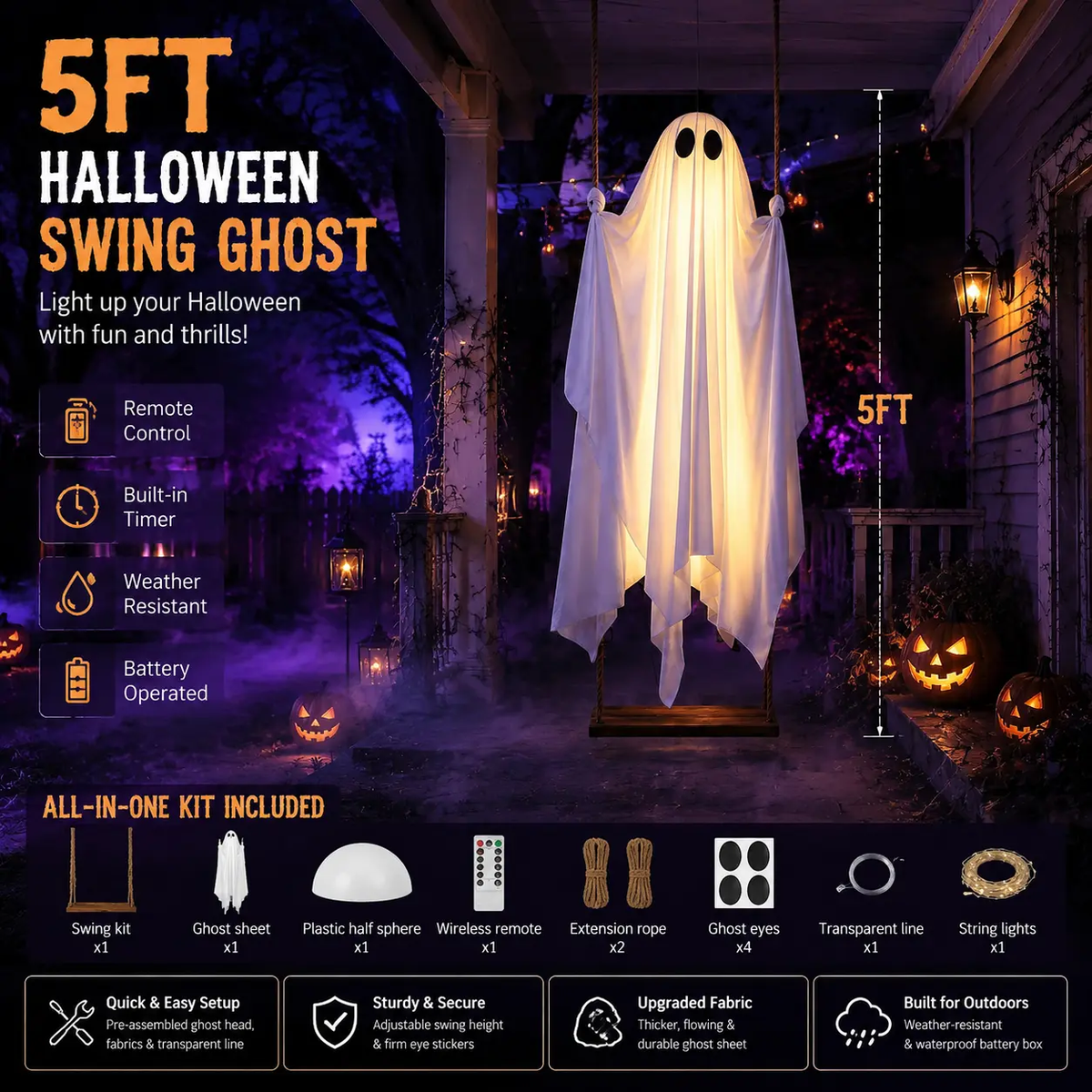 Halloween Decorations Outdoor - 5FT Large Hanging Ghost Swing
